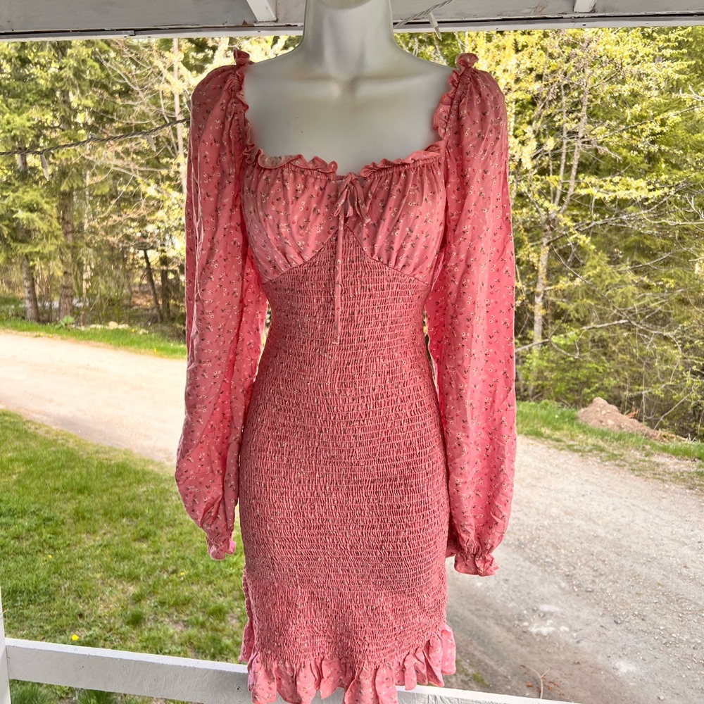 Pink Smocked Long-Sleeve Mini Dress size small